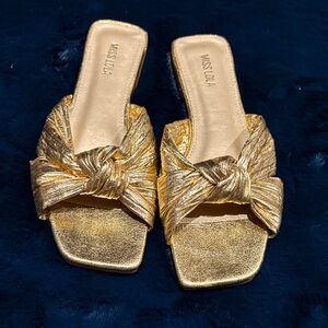 Miss Lola Metallic Gold Knotted Slide Sandals